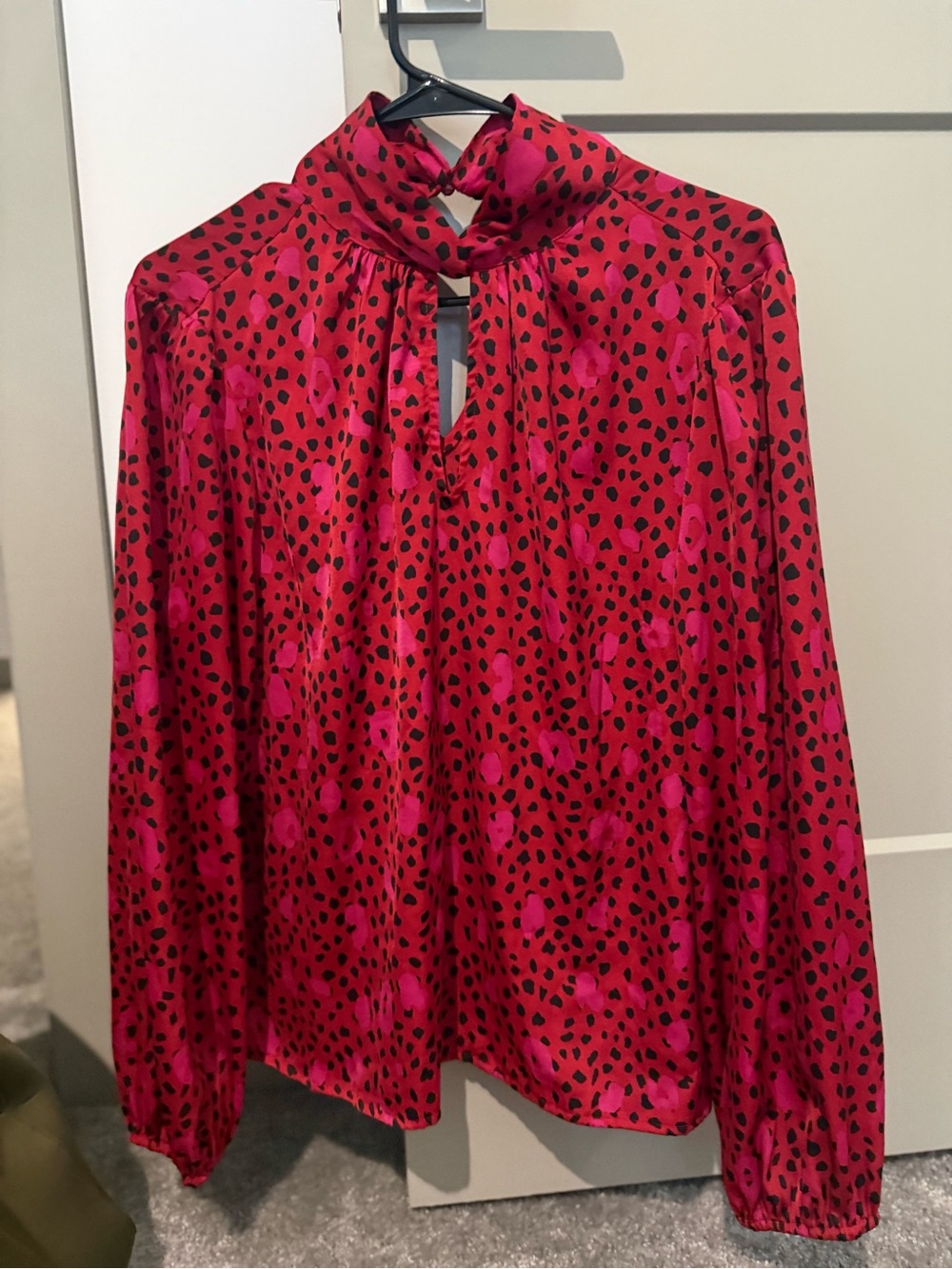 Nine West Fuchsia Pink Black Animal-Print Tie-Neck Blouse
